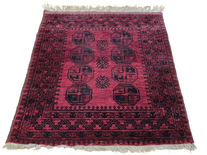 Rug Afghan, 88x108 cm, red black blue wool, Afghanistan
