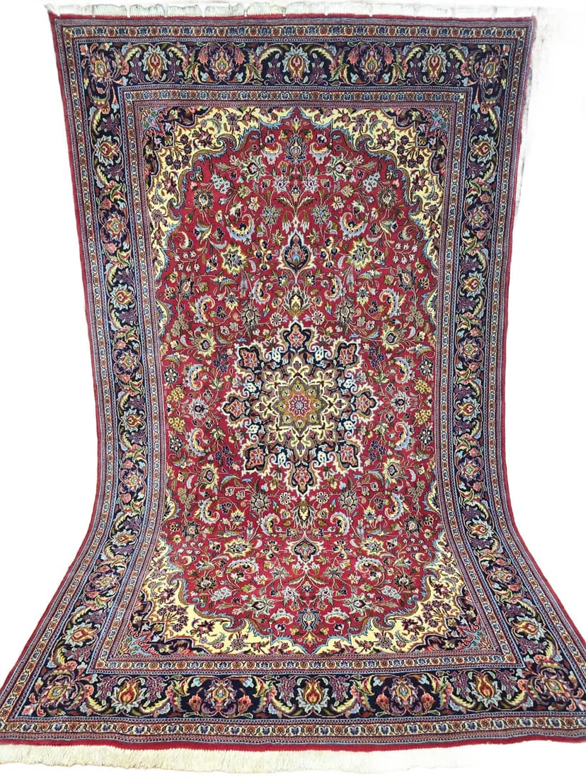 Dywan Qom, 255x155 cm, czerwony, niebieski, biały, złoty, zielony, różowy, beżowy, wełna, Iran