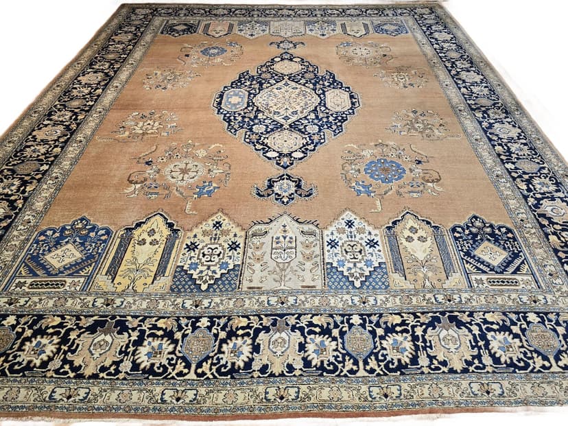 Dywan Tabriz 405x315 cm, brązowy beżowy niebieski złoty, wełna, Iran, lata 30.