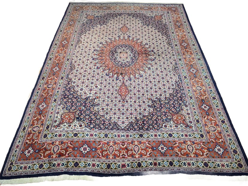Dywan perski Moud, 215x305 cm, wełna kremowa granatowa terracotta, Iran, lata 70.