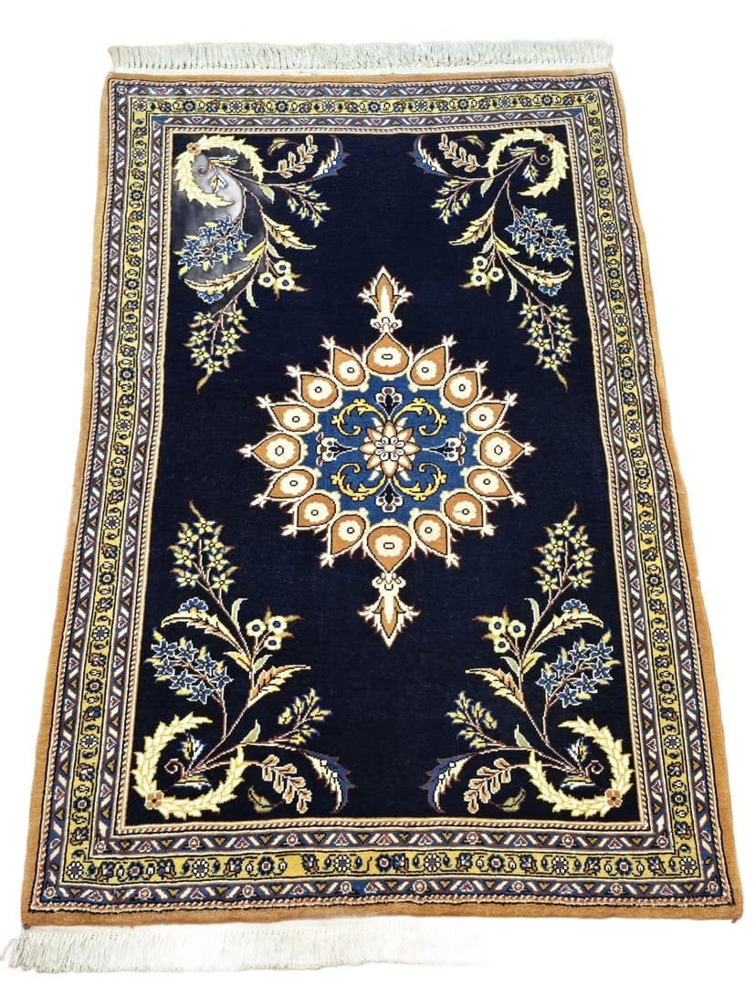 Dywan Qom 78x125 cm, niebieski złoty, wełna, Iran