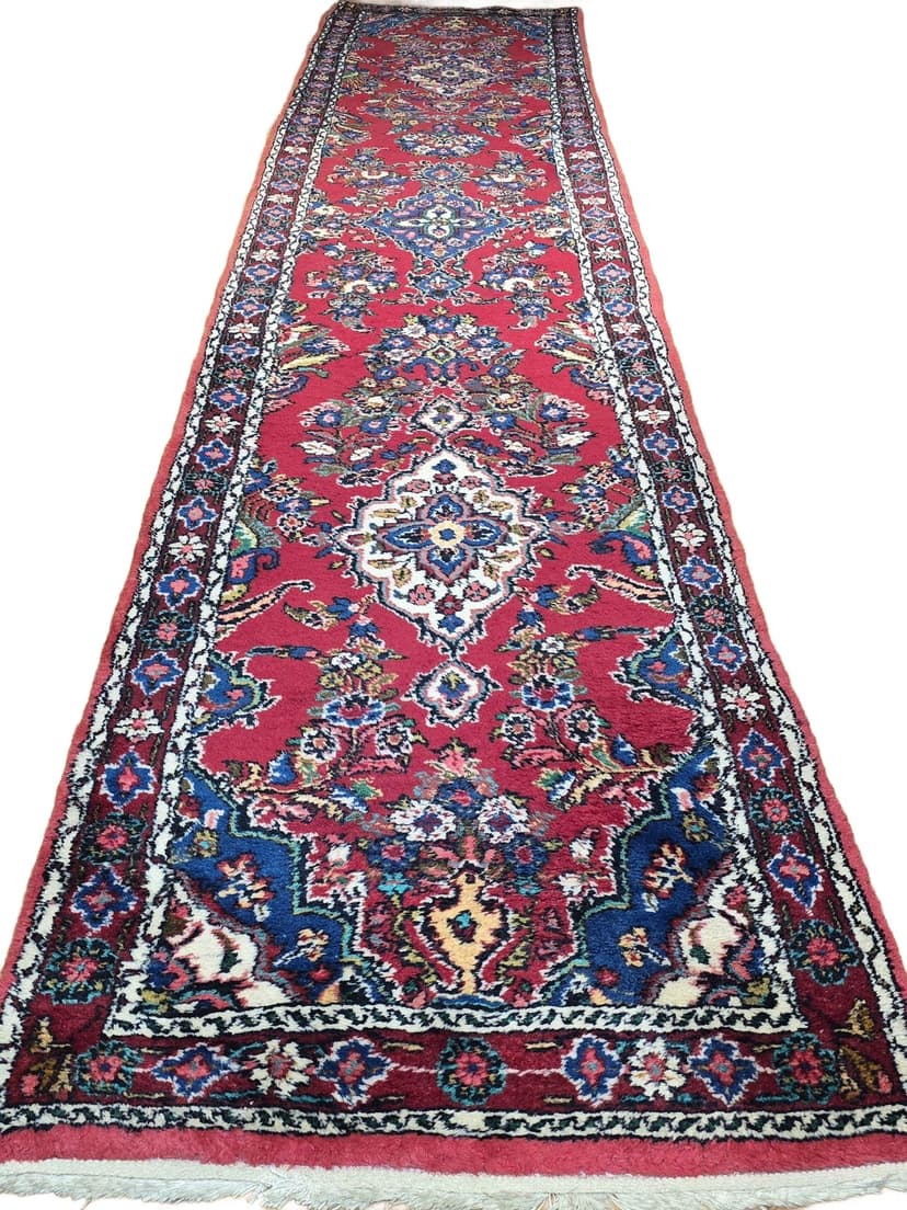 Chodnik Hamadan 400x86, czerwony niebieski biały żółty zielony, wełna, Iran