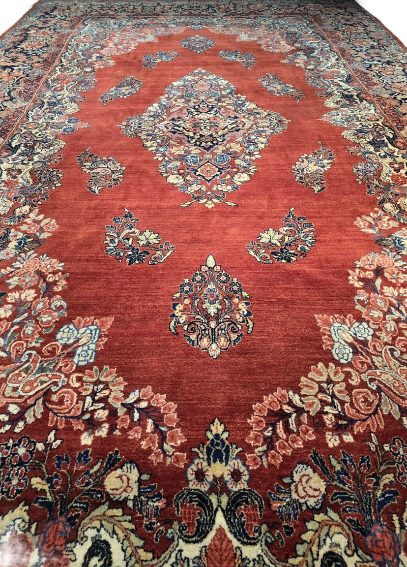 Dywan perski Sarough Mahal 535x315 cm, czerwony niebieski biały żółty zielony różowy, wełna, Iran, lata 30.