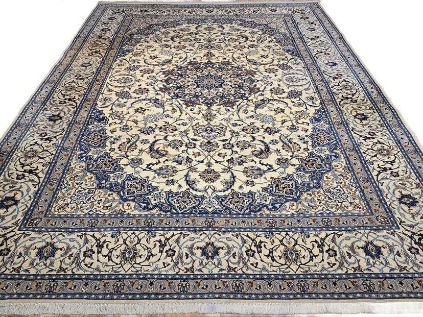 Dywan Nain 9 la, 260x370 cm, beżowy niebieski szary czerwony, wełna jedwab, Iran, początek XX w.