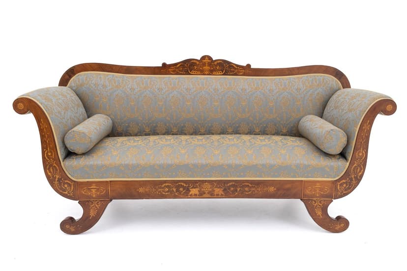 Sofa intarsjowana, orzech włoski brązowy, tkanina niebieska złota, Francja, XIX w.