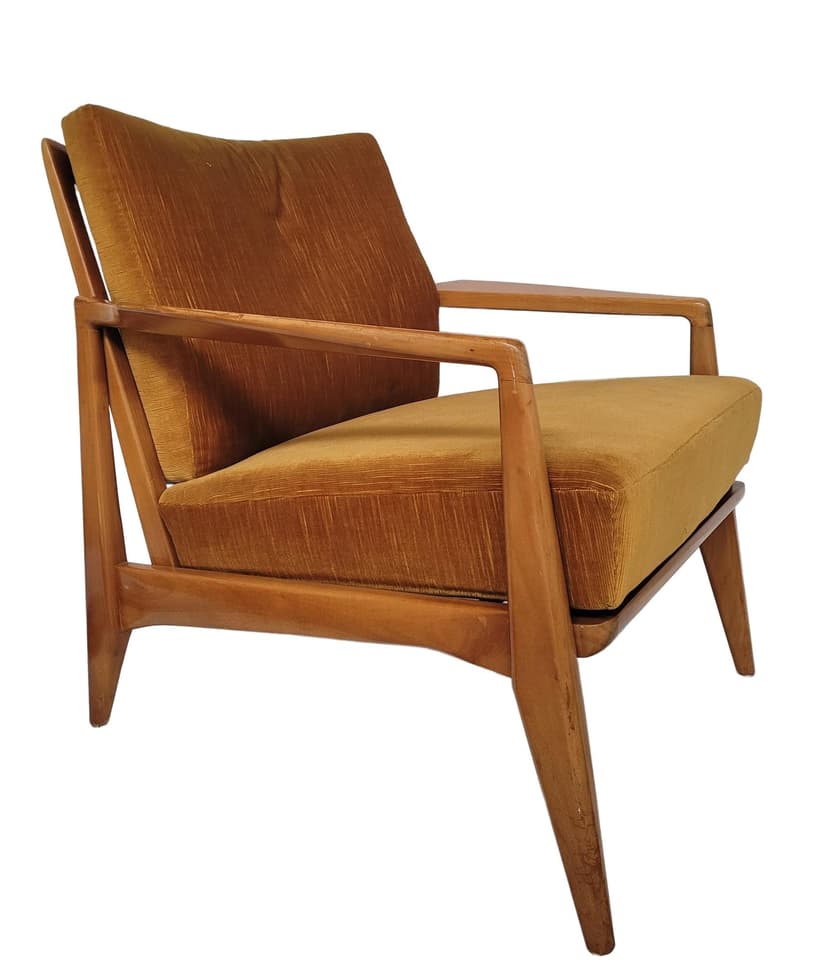Fotel skandynawski, tkanina żółta, drewno jasnobrązowe, lata 60.