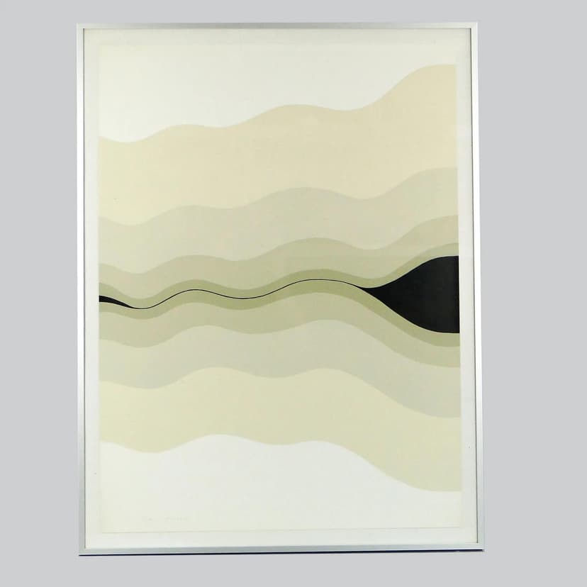Serigraph graphic, black and white, paper, by H. Grohe, Germany, 1970s.