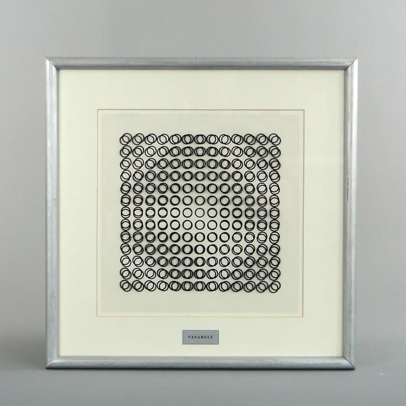 Op-art print, black and white, paper, by V. Vasarely, France, 1970s.