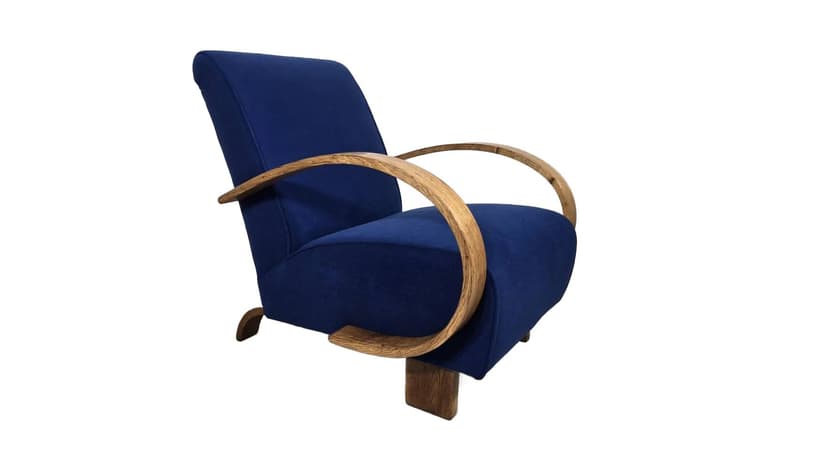 Pair of armchairs, cream bouclé, brown wood, by J. Halabala, UP Závody, Czechoslovakia, 1960s.