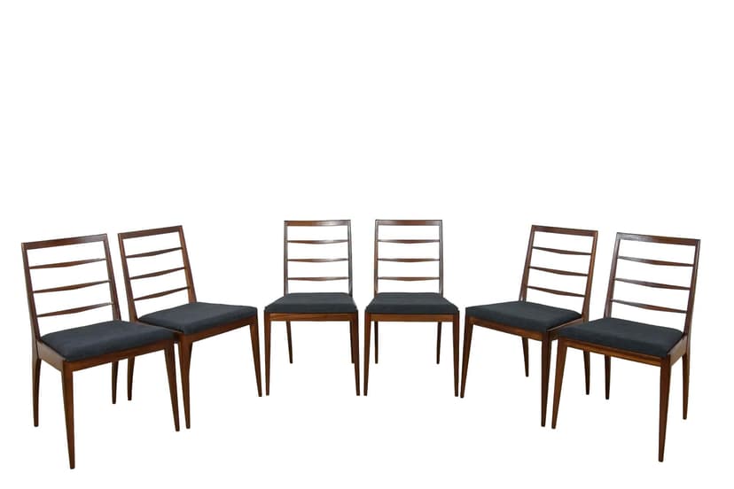 Zestaw sześciu krzeseł, teak brązowy, tkanina czarna, McIntosh, Wielka Brytania, lata 60.