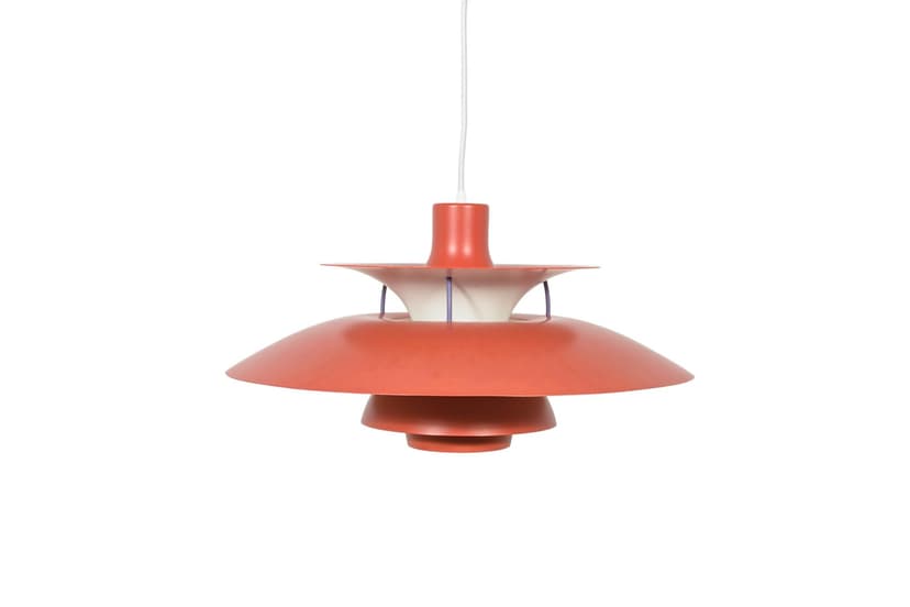 Pendant lamp PH5, red, aluminium, by P. Henningsen, Louis Poulsen, Denmark, 1960s.