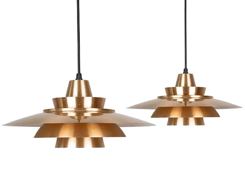 Pair of pendant lamps Superlight, gold aluminium, by D. Mogensen, Denmark, 1980s.