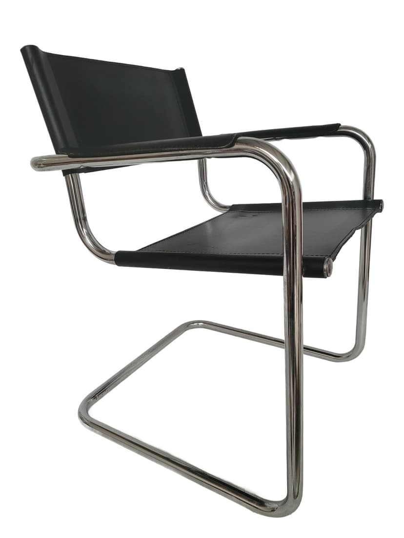Krzesło z podłokietnikami Bauhaus, skóra czarna, stal chromowana, lata 70.