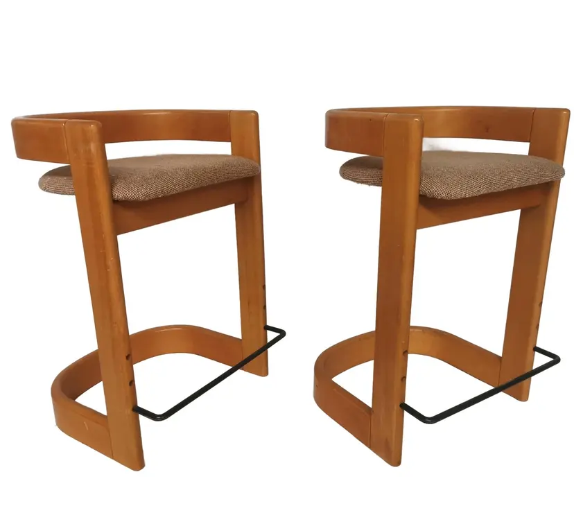 Pair of bar stools, brown beige, wood fabric, 1980s.