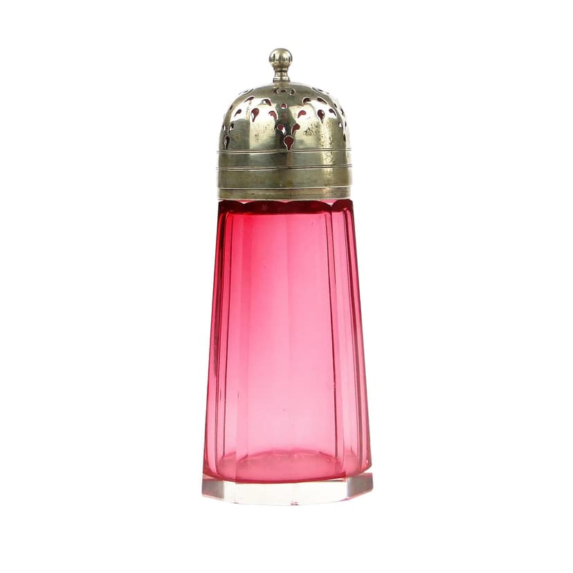 Sugar Shaker, pink crystal, silver metal, early 20th century