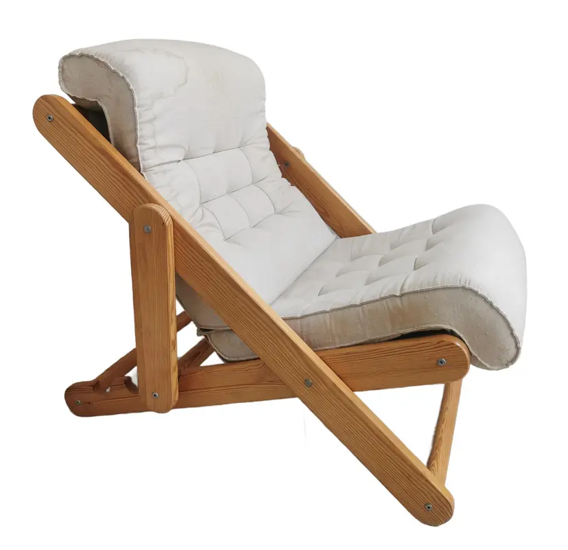 Armchair Kontiki, brown wood, beige linen, by G. Lundgren, Ikea, Sweden, 1980s.