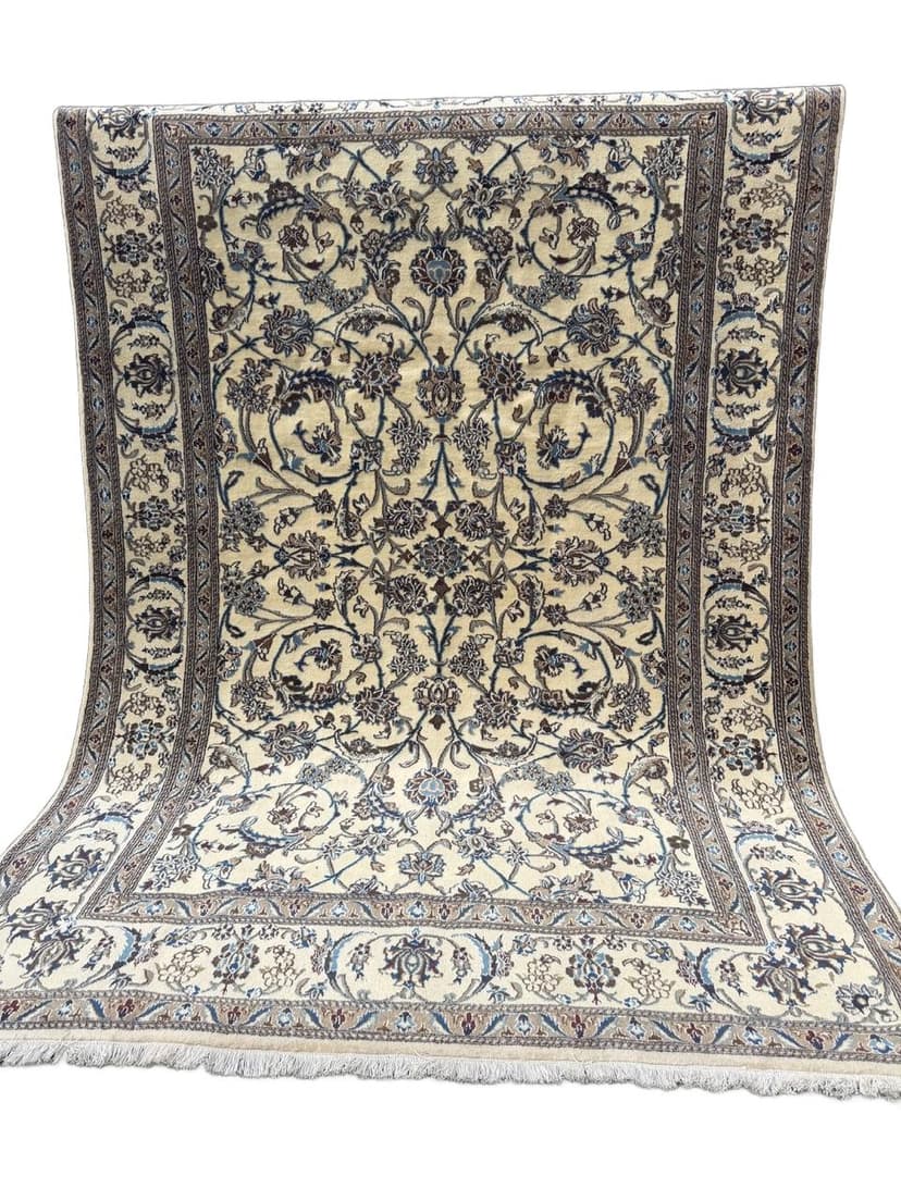 Dywan Nain 360x250 cm, kremowy niebieski brązowy, wełna kaszmirowa jedwab, Iran