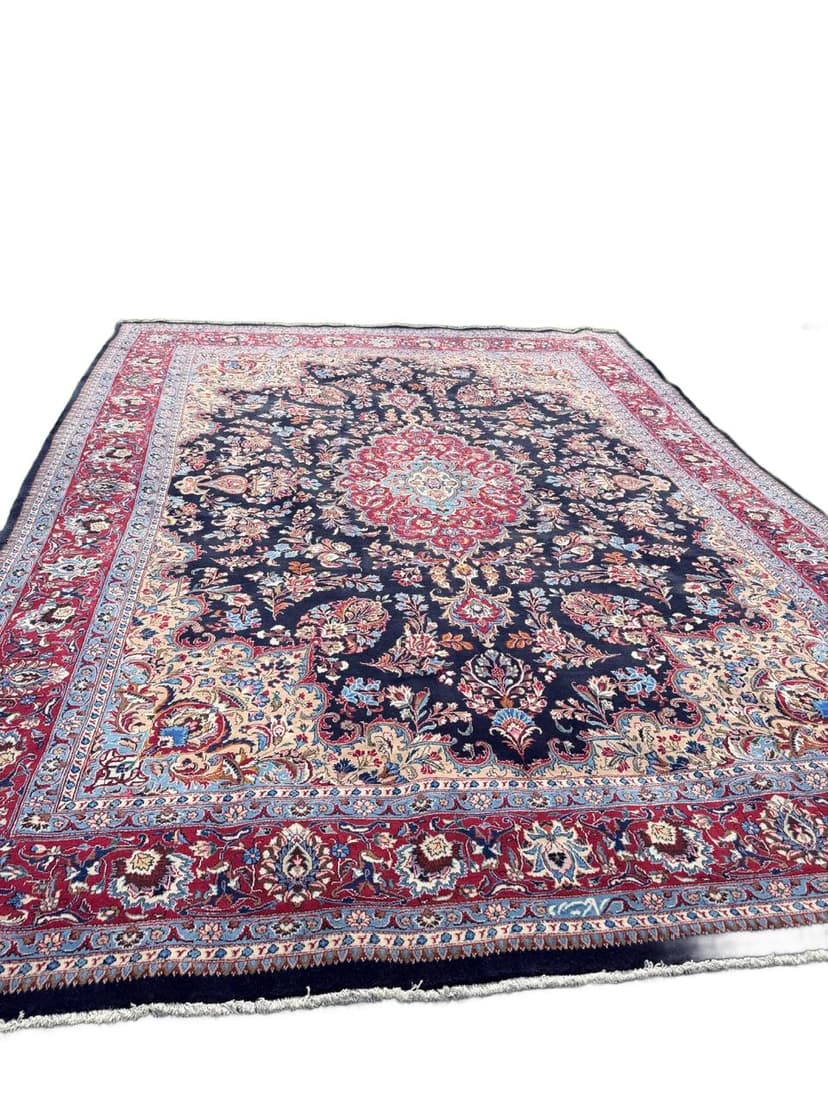 Dywan Kaszmar figuralny 400x300 cm, wełna niebieska czerwony biały złoty, Iran