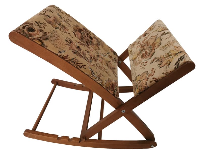 Rocking footstool, brown wood, beige green fabric, 1960s