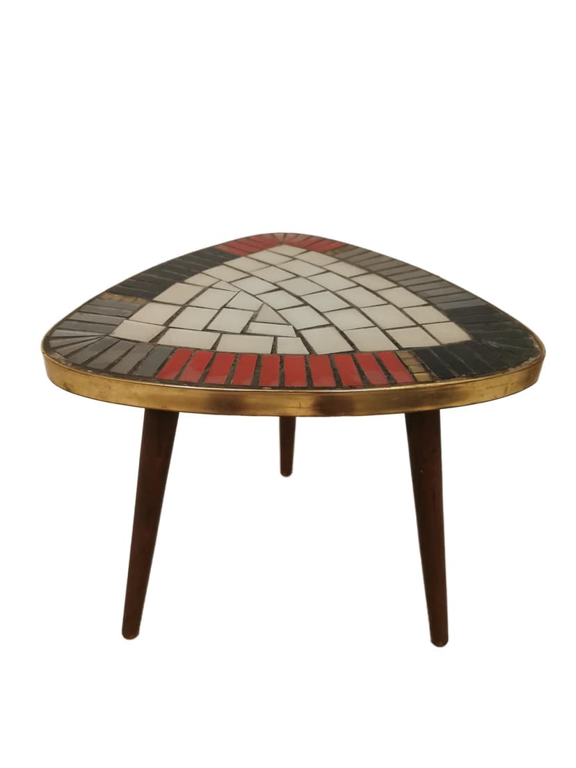 Plant Stand Łezka, mosaic white black red, brass gold, wood brown, 1960s.
