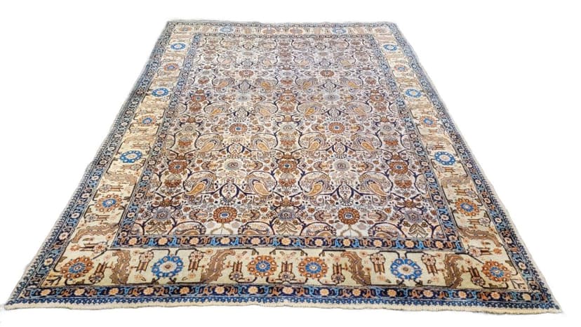 Dywan perski, beżowy niebieski brązowy pomarańczowy, wełna bawełna, Iran, lata 40., 240x355 cm