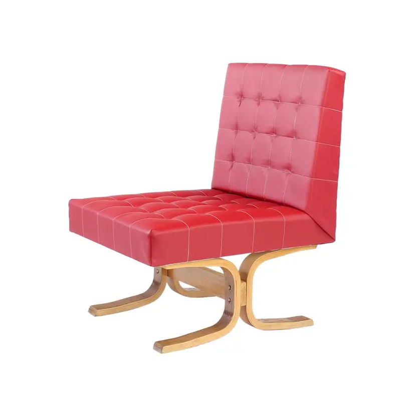 Armchair Bratislava, red faux leather, brown plywood, by L. Volák, Dřevopodnik Holešov, Czechoslovakia, 1960s.