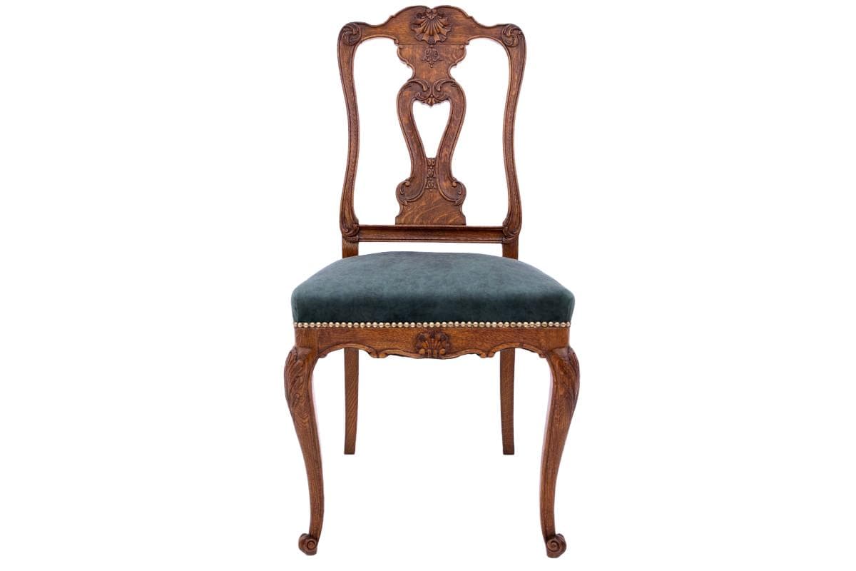 Krzesło neorokokowe, dąb brązowy, velvet zielony, Europa Zachodnia, koniec XIX wieku