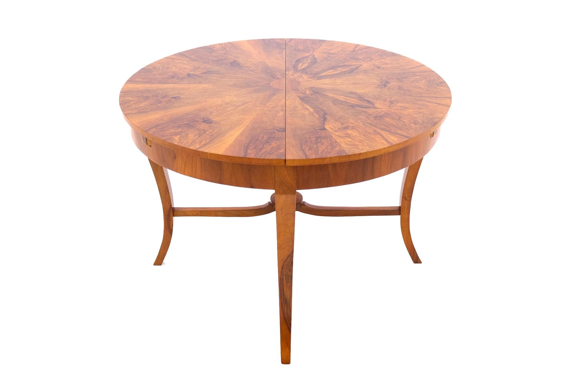 Stół okrągły Art Deco, brązowy, drewno, Polska, lata 40.