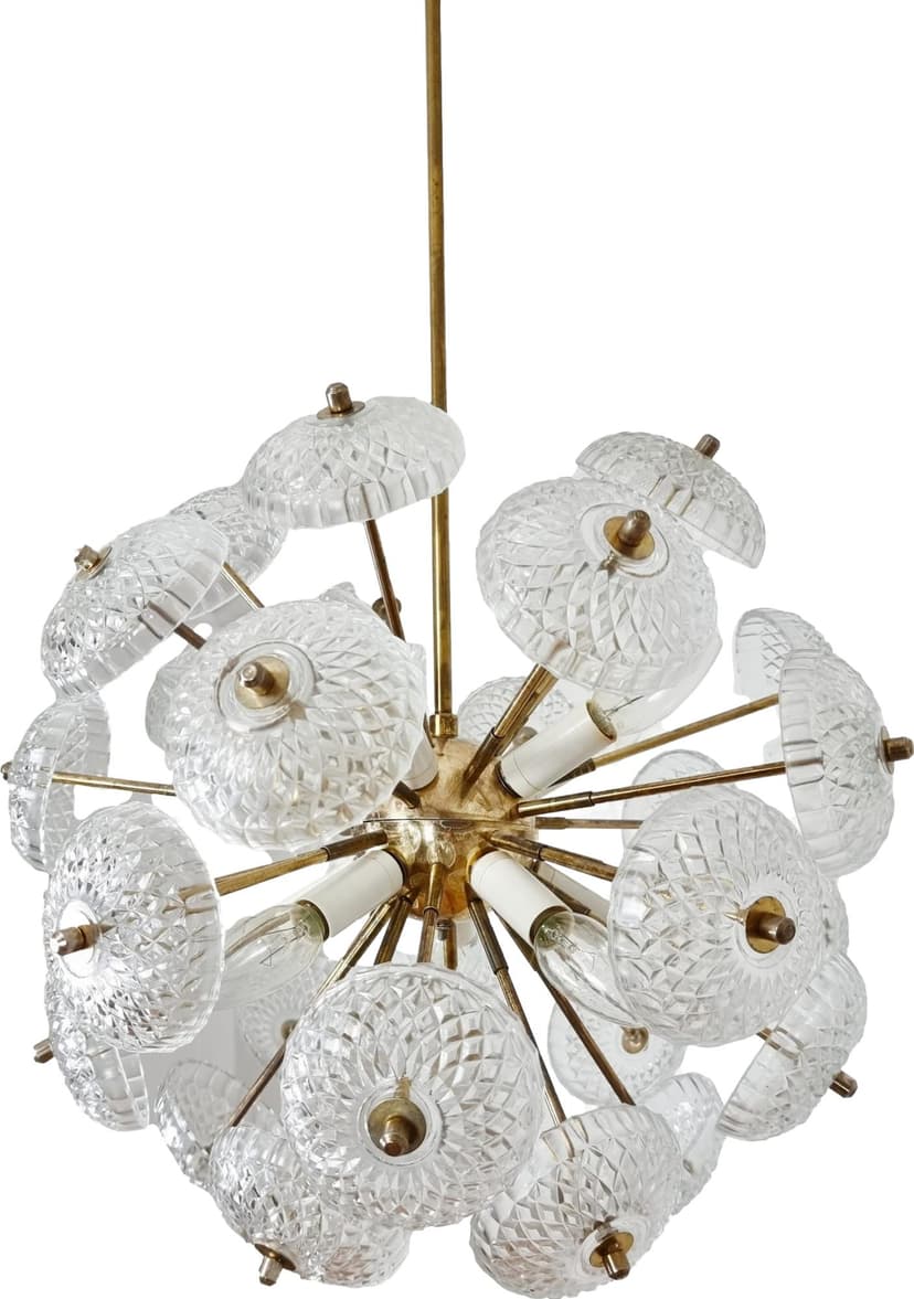 Lampa wisząca Pompeliks, mosiądz copper, szkło transparentne, Kamenický Šenov, Czechy, lata 60.