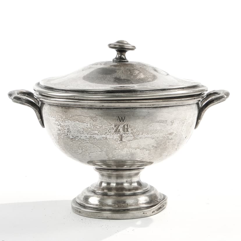 Waza do zupy, Art Deco, mosiądz srebrzony, Norblin, Polska, lata 30.