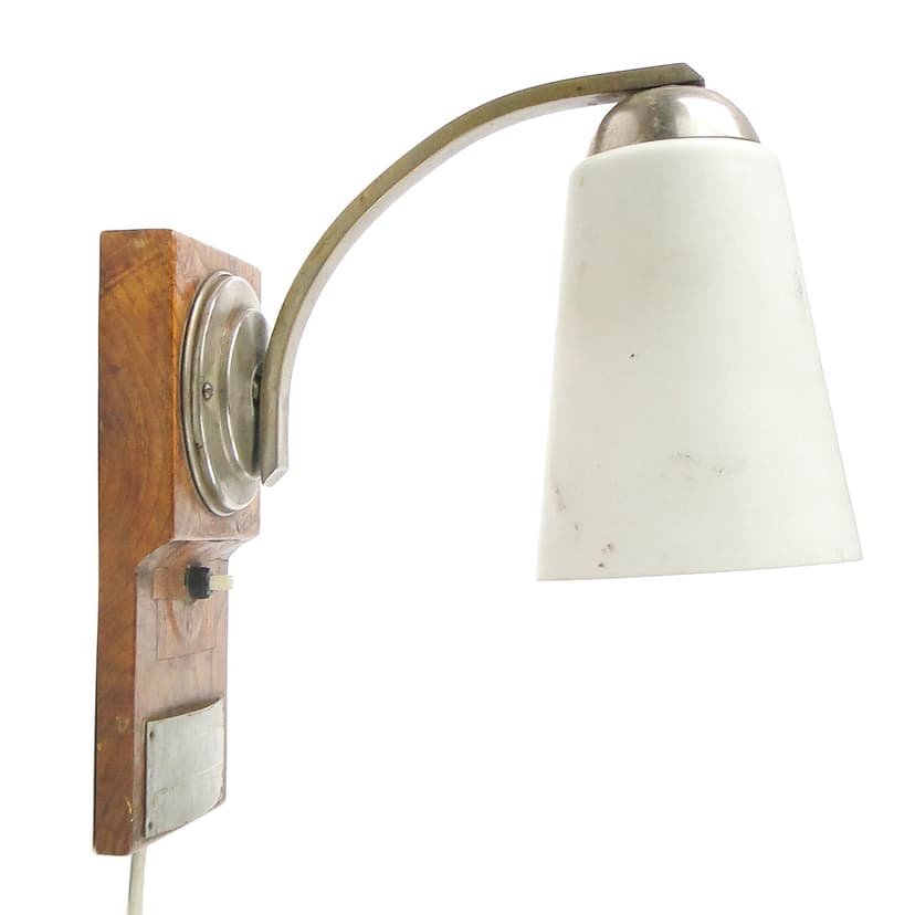 Art Deco wall sconce, nickel-plated brass, walnut wood, Czechoslovakia, 1950s.