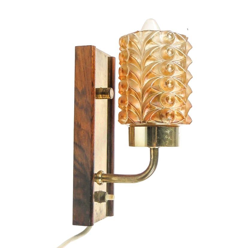 Postmodernist wall sconce, wood, brass, glass, Germany, 1970s.