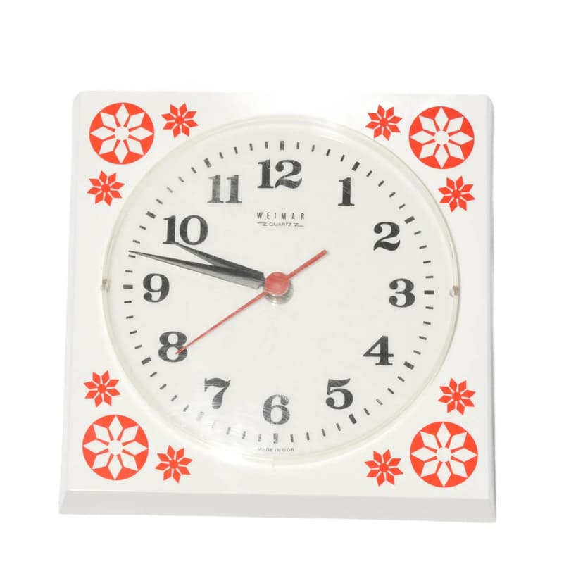 Zegar ścienny Weimar, biały czerwony przezroczysty, tworzywo sztuczne, Niemcy, lata 70.