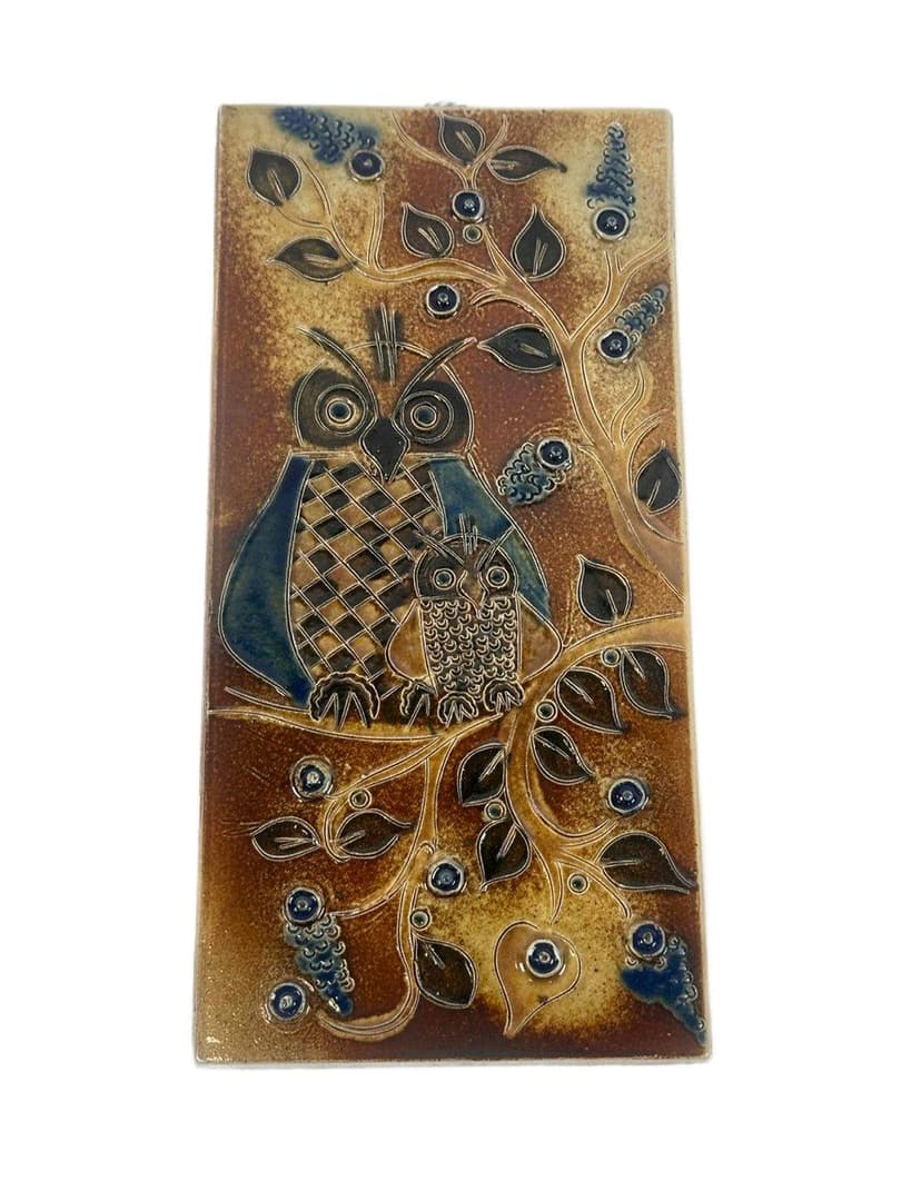 Relief tile Owls, yellow ceramic, 1960s