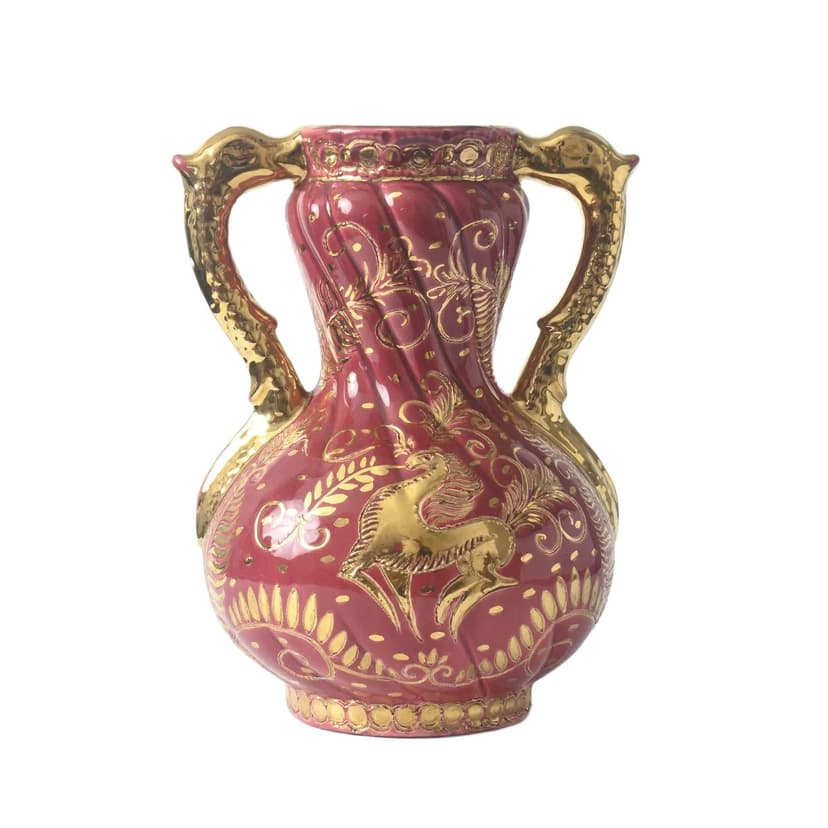 Wazon, różowy żółty złoty, fajans, Faiencerie de Jemappes, Belgia, lata 60.