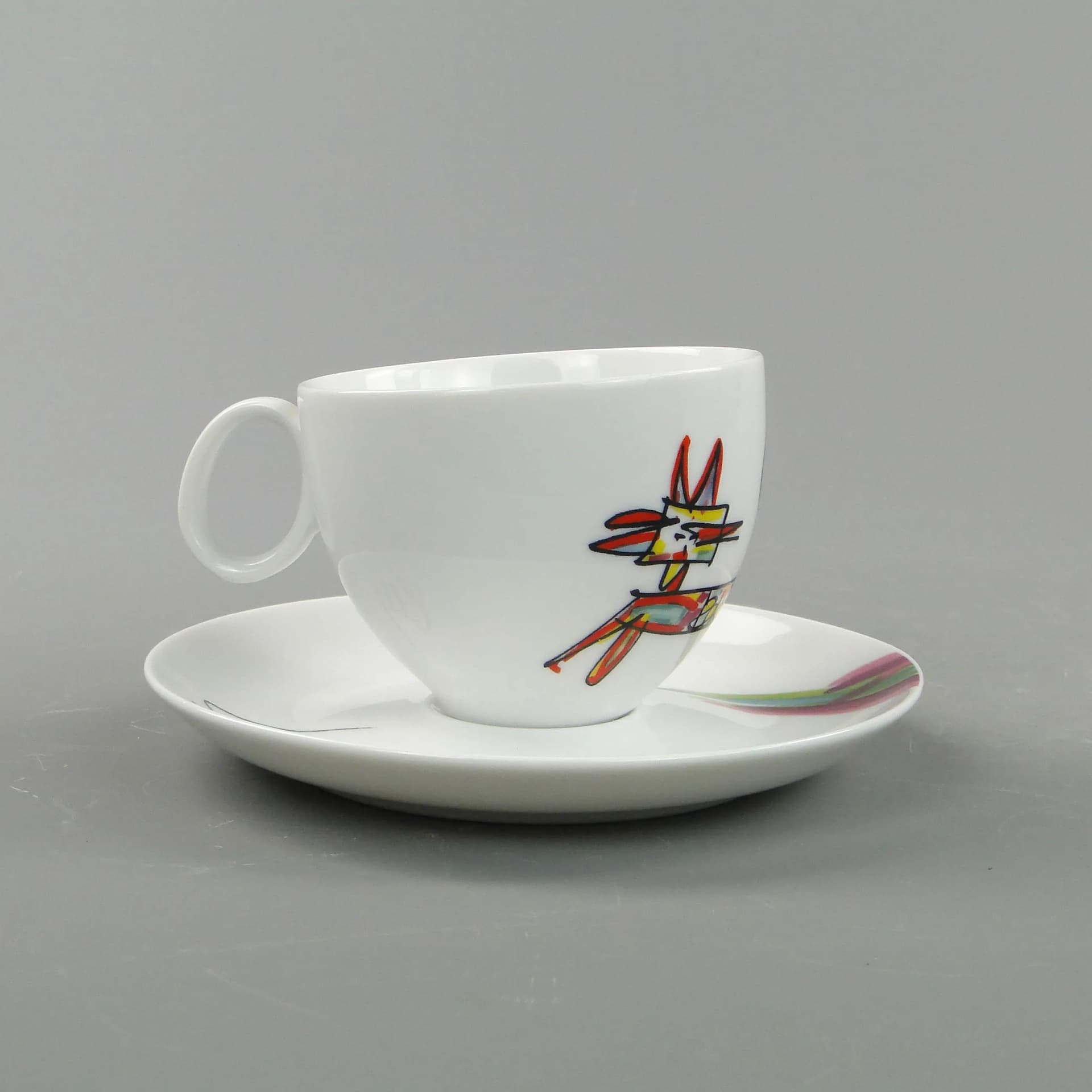 Filiżanka do kawy Kot i mysz, porcelana multikolor, proj. Kora, Ćmielów, Polska, lata 80. - 162517