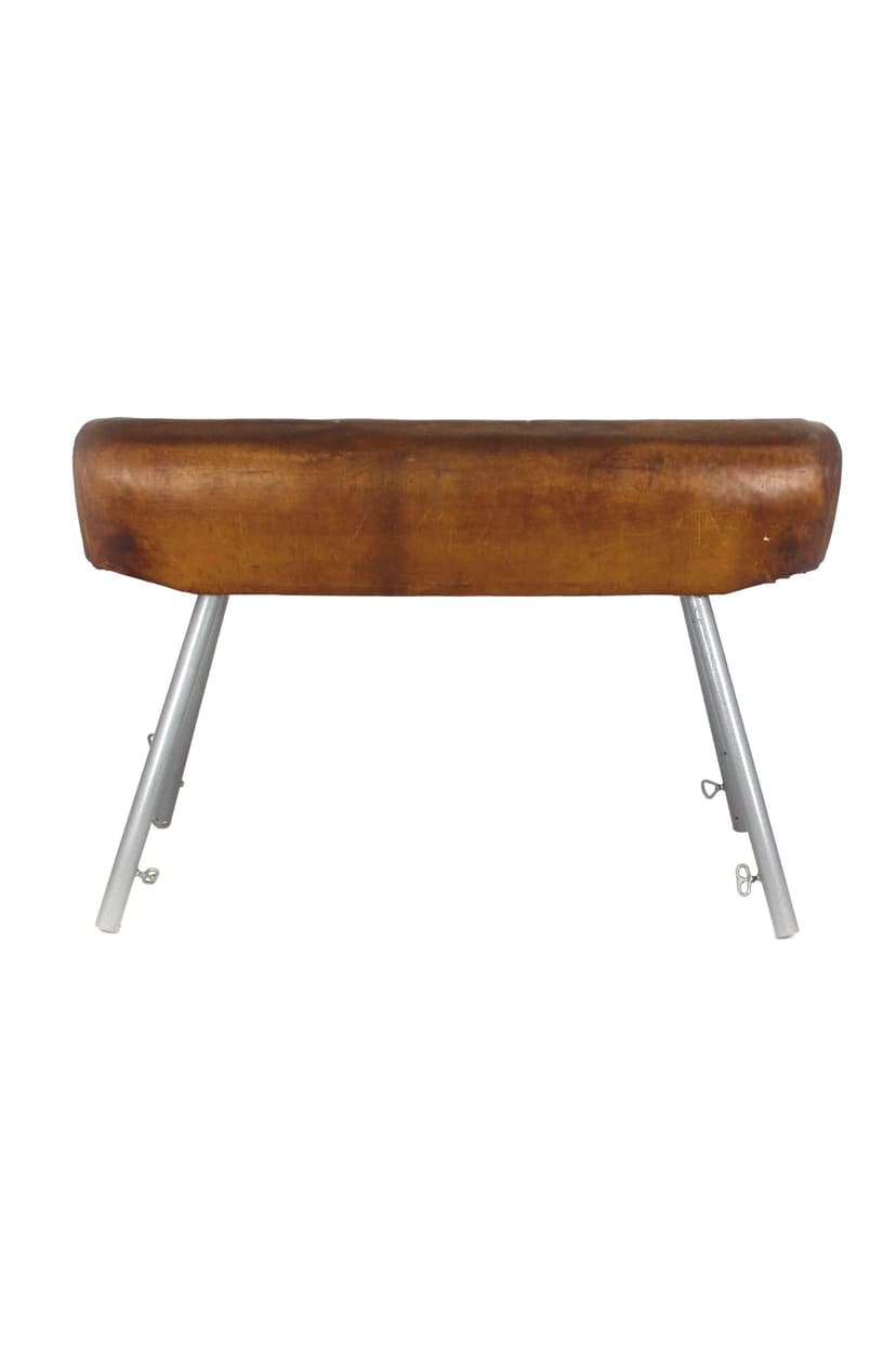 Koń gimnastyczny, skóra naturalna brązowa, stal szara, Polska, lata 50.