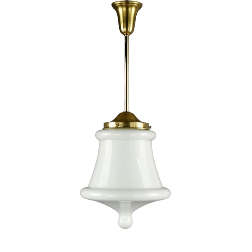 Lampa wisząca, biały, szkło, mosiądz, Polska, lata 70.