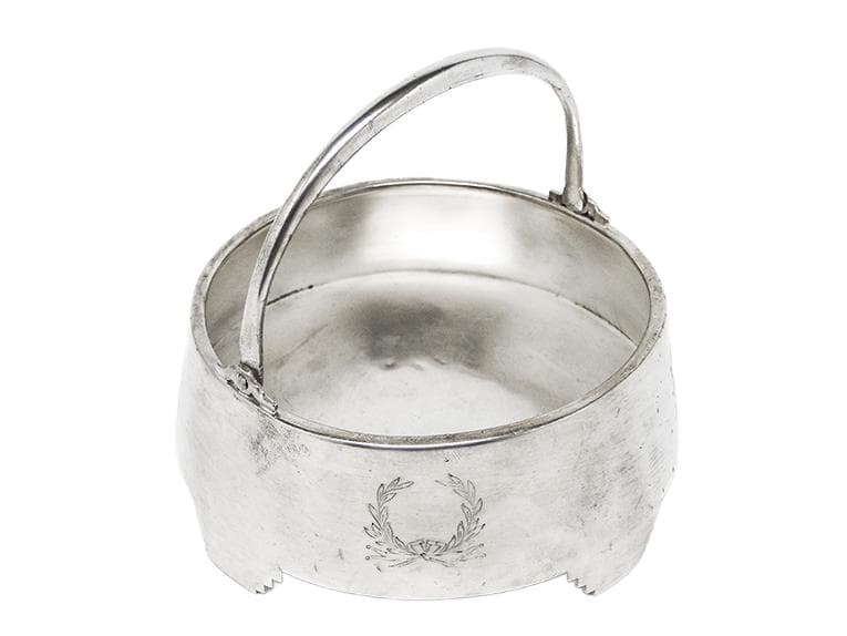 Neoclassical basket-form sugar bowl, silver-plated brass, Fraget, Poland, early 20th c.
