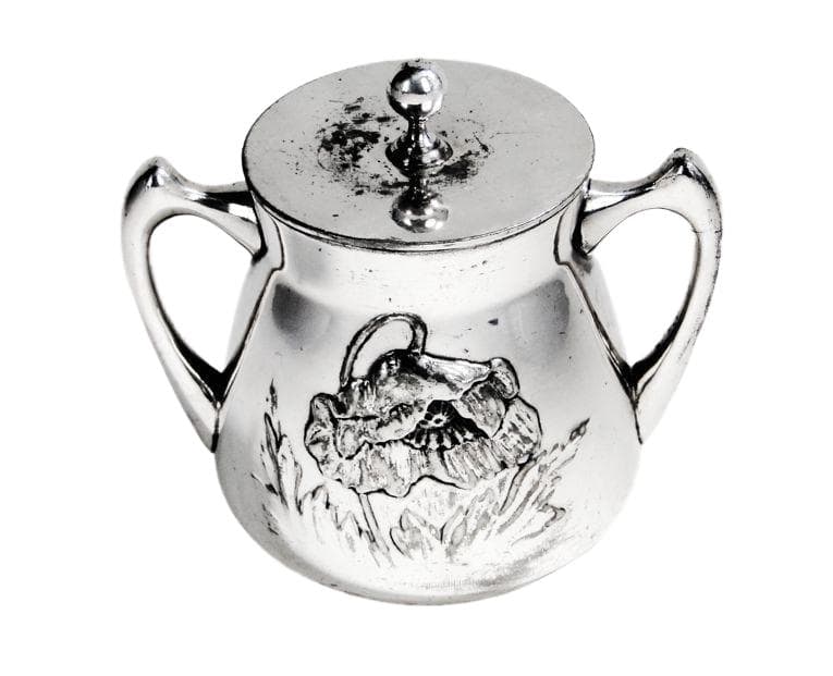 Art Nouveau sugar bowl, silver-plated brass, Poland, 1920s.