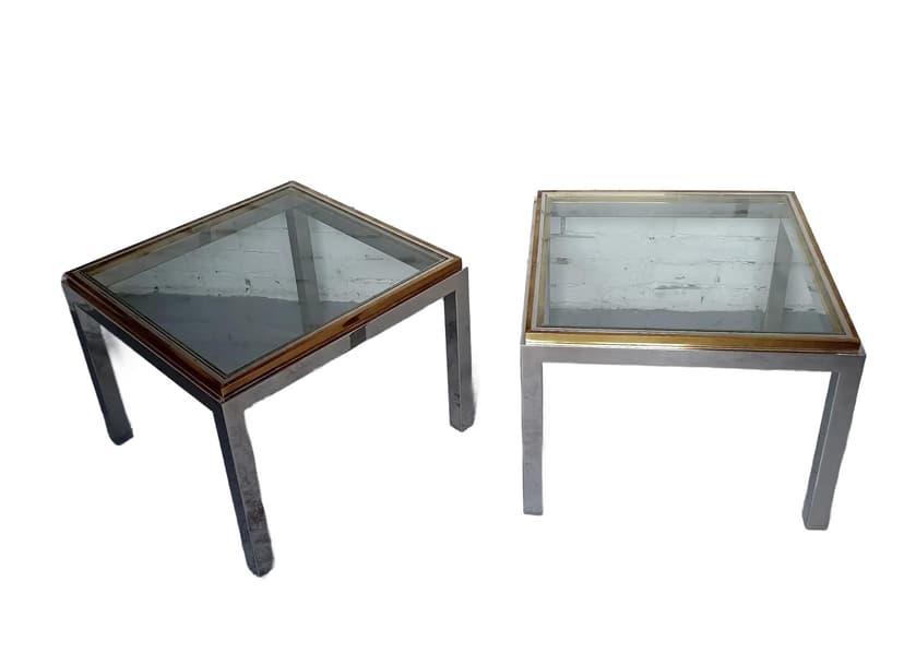Stoliki kawowe Hollywood Regency, szkło transparent, mosiądz, stal chromowana, Włochy, lata 70.