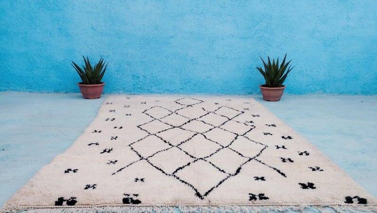 Handwoven rug 150x260 cm, wool, ivory, beige, black, Morocco - 200012