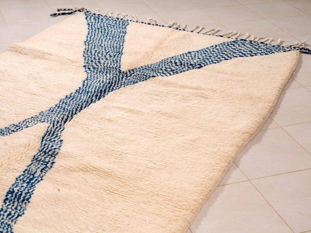 Ręcznie tkany dywan 150x250 cm, wełna, kość słoniowa, niebieski, Maroko - 199496