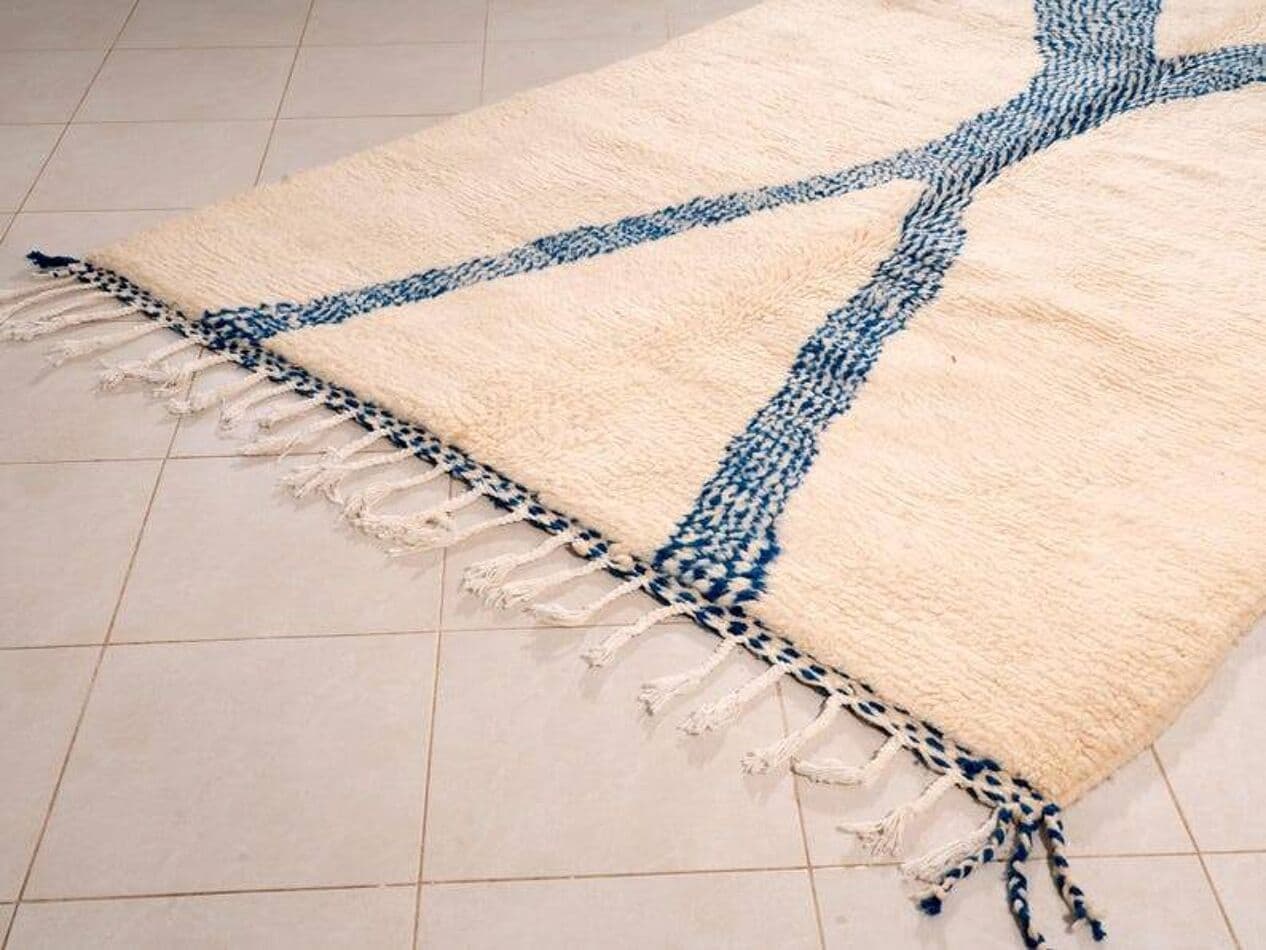 Ręcznie tkany dywan 150x250 cm, wełna, kość słoniowa, niebieski, Maroko - 199495