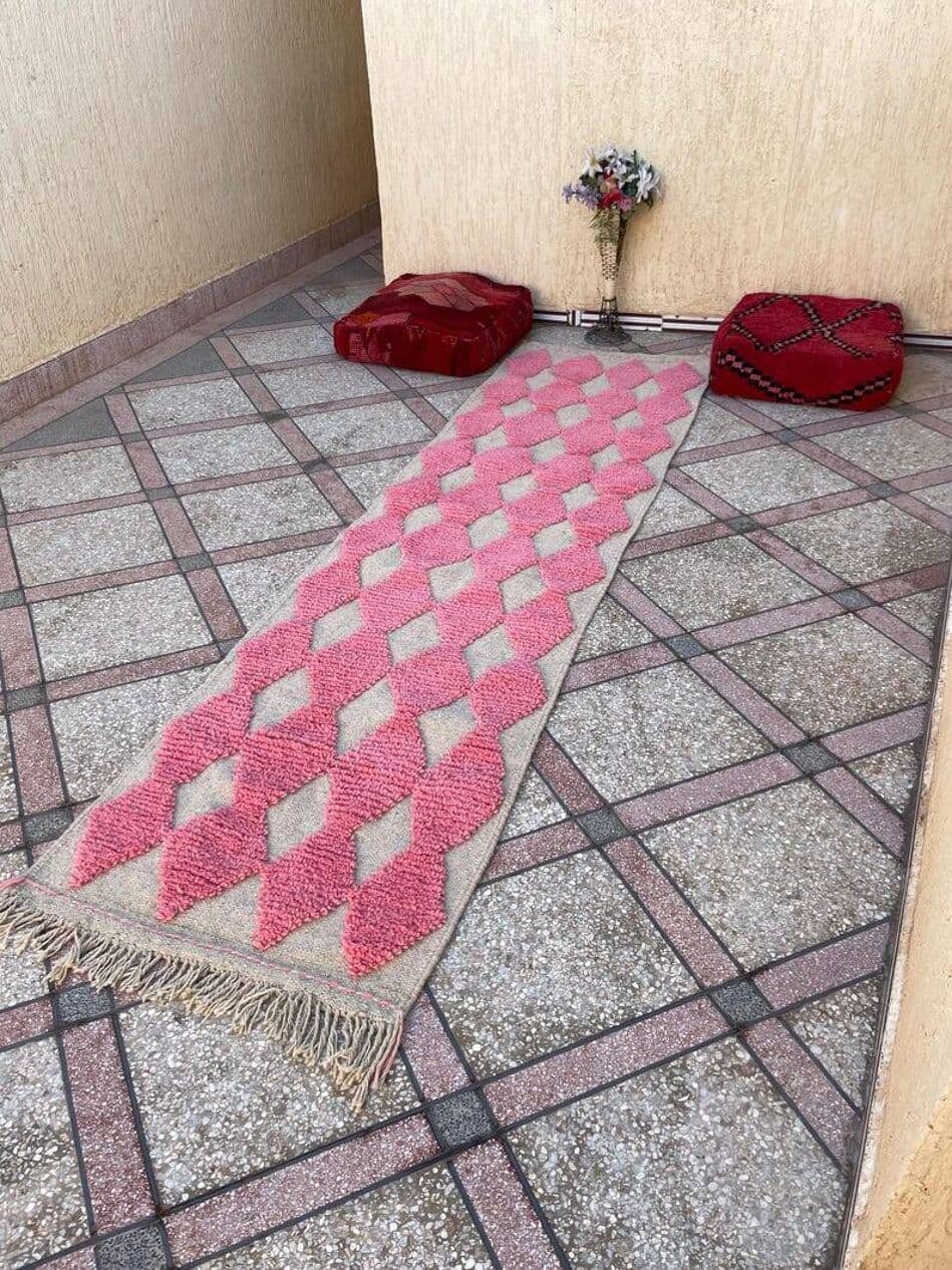 Handwoven rug 400x70 cm, wool, pink, grey, Morocco - 199144