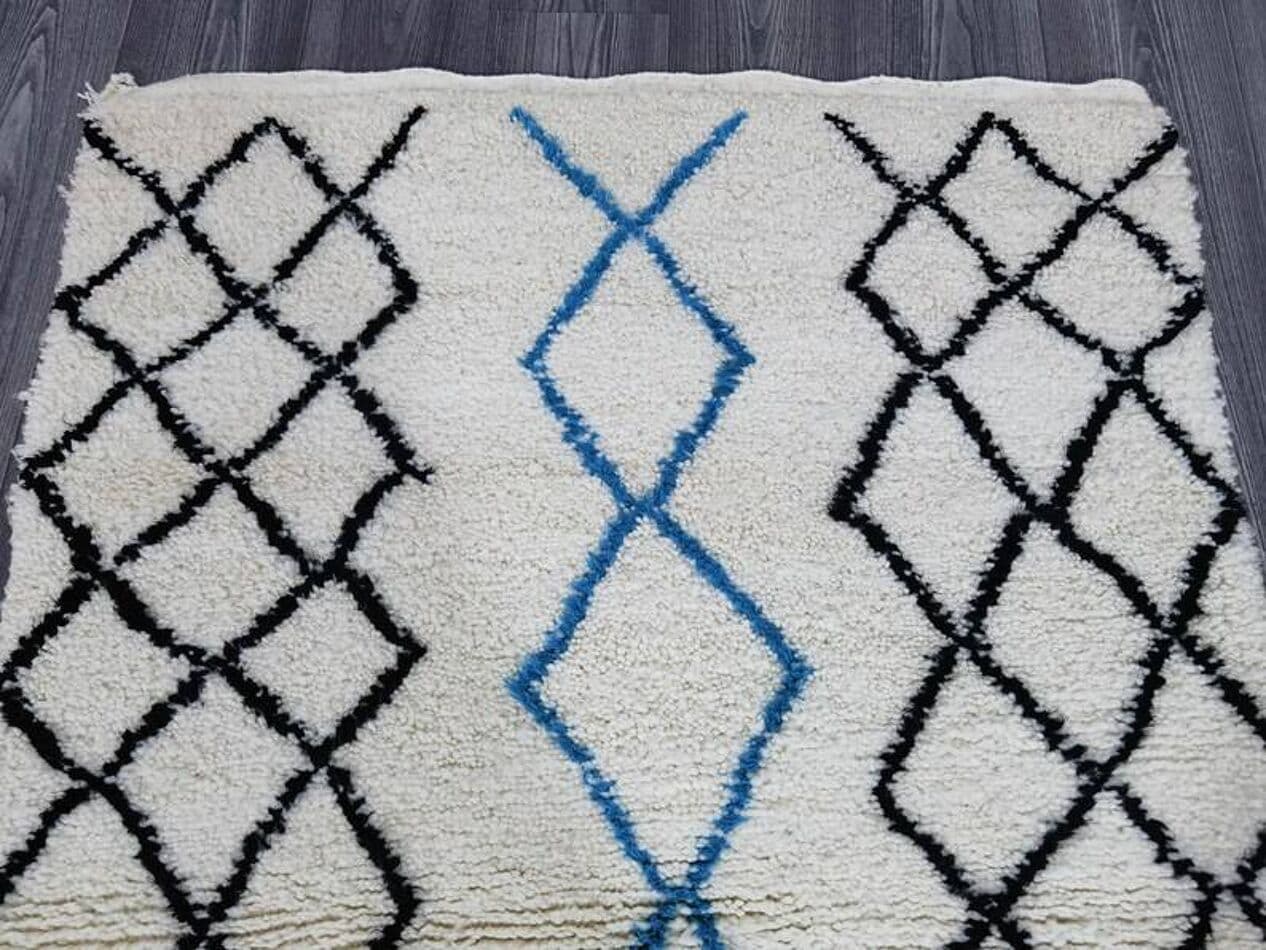Ręcznie tkany dywan 250x150 cm, wełna, biały, czarny, niebieski, Maroko - 198909