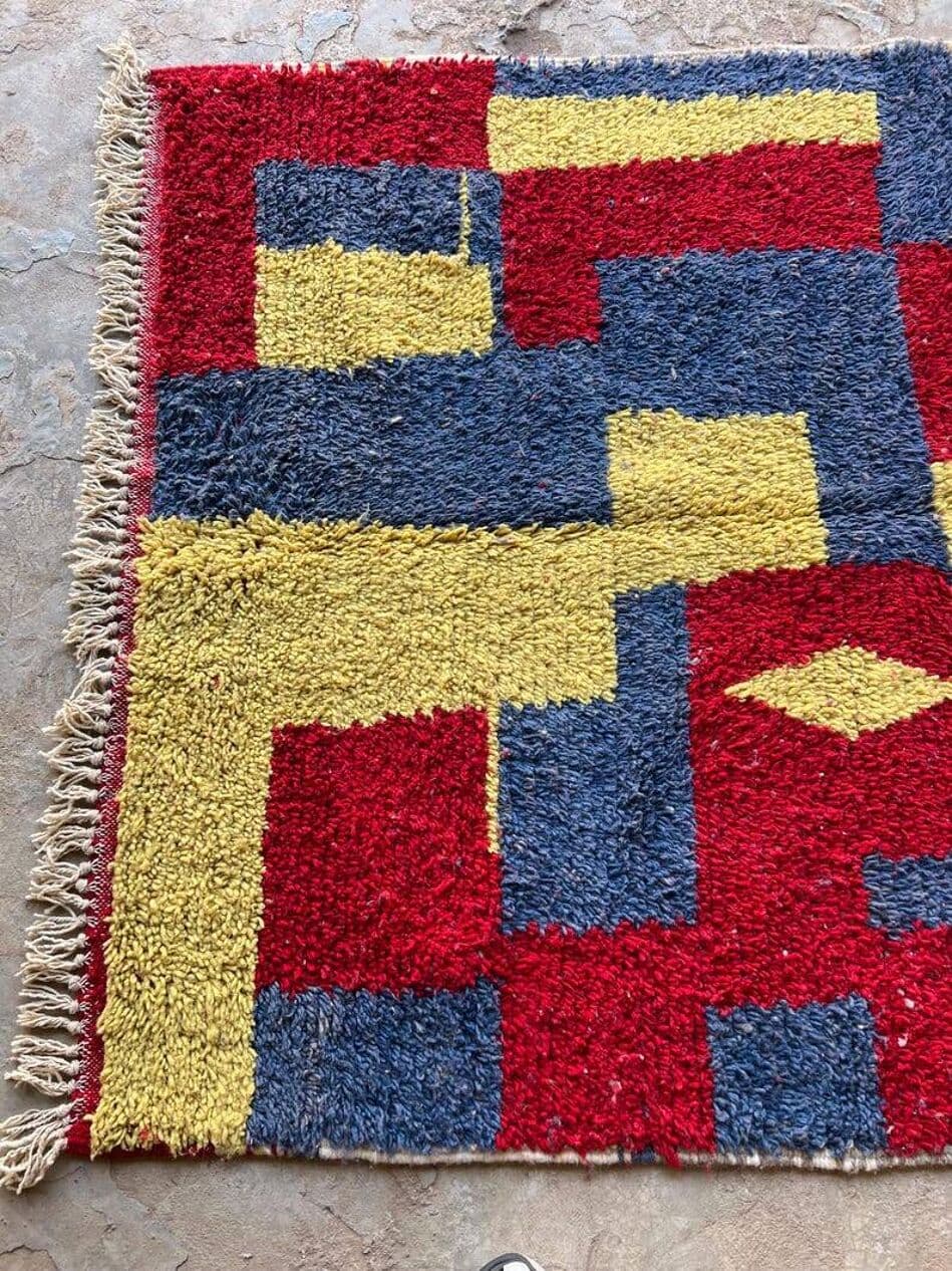 Ręcznie tkany dywan 250x150 cm, wełna, czerwony, granatowy, żółty, Maroko - 200421