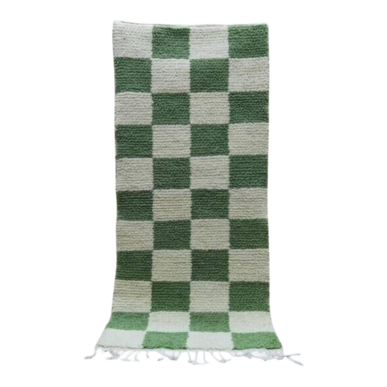 Handmade rug 300x90 cm, wool, green, white, Morocco