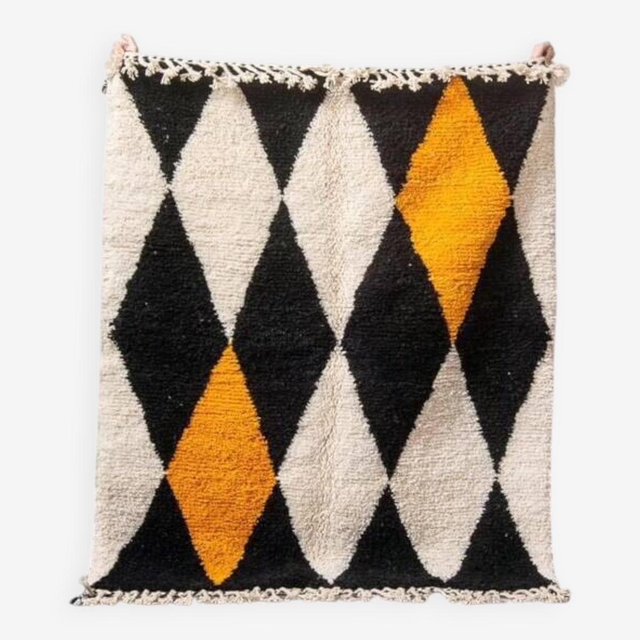 Ręcznie tkany dywan 250x150 cm, wełna, kremowy, czarny, żółty, Maroko - 200995