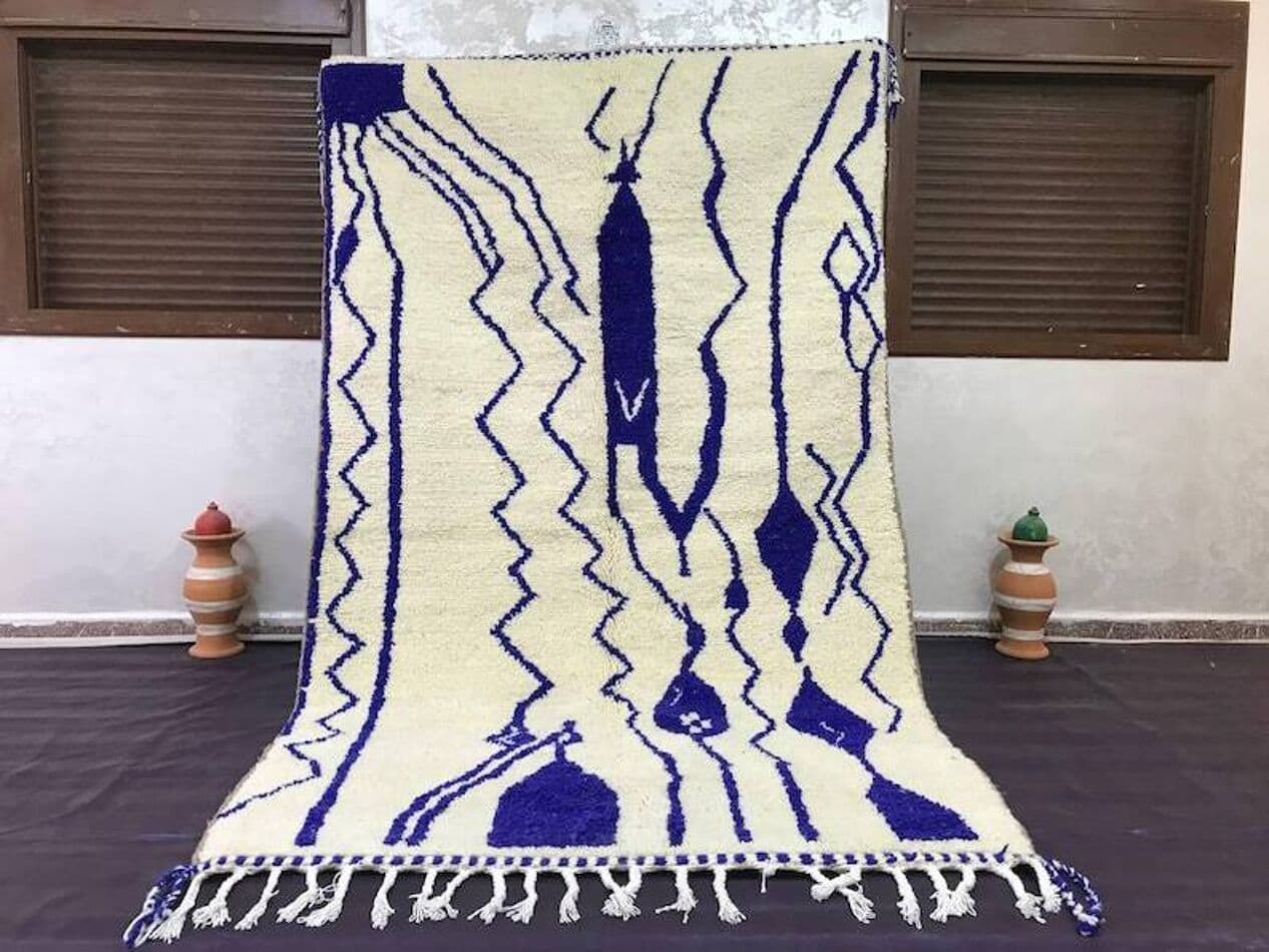 Ręcznie tkany dywan 250x150 cm, wełna, kremowy, niebieski, Maroko - 200757